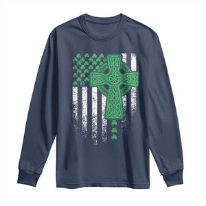 St Patricks Day American Flag Long Sleeve Shirt Celtic Cross Shamrocks TS10 Navy Print Your Wear