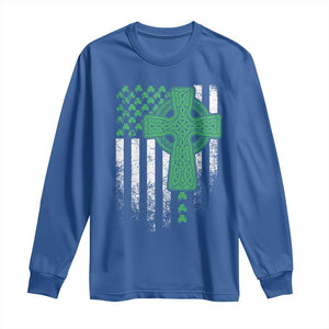 St Patricks Day American Flag Long Sleeve Shirt Celtic Cross Shamrocks TS10 Royal Blue Print Your Wear