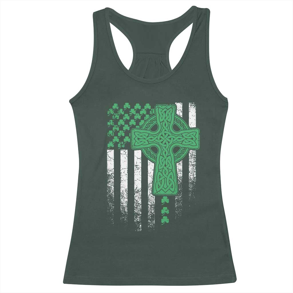 St Patricks Day American Flag Racerback Tank Top Celtic Cross Shamrocks TS10 Dark Forest Green Print Your Wear