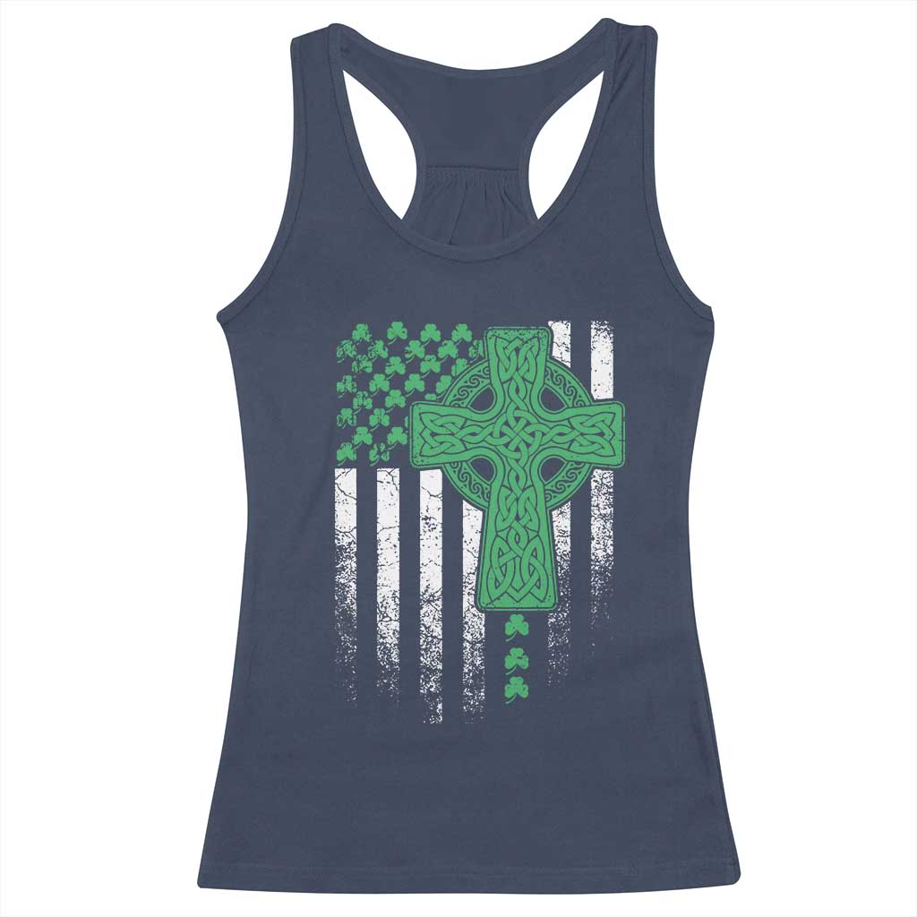 St Patricks Day American Flag Racerback Tank Top Celtic Cross Shamrocks TS10 Navy Print Your Wear