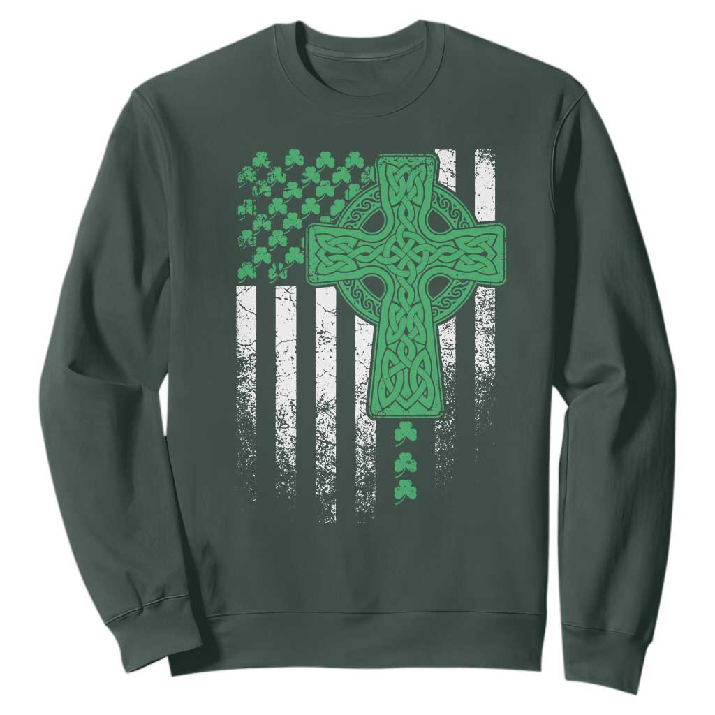 St Patricks Day American Flag Sweatshirt Celtic Cross Shamrocks TS10 Dark Forest Green Print Your Wear