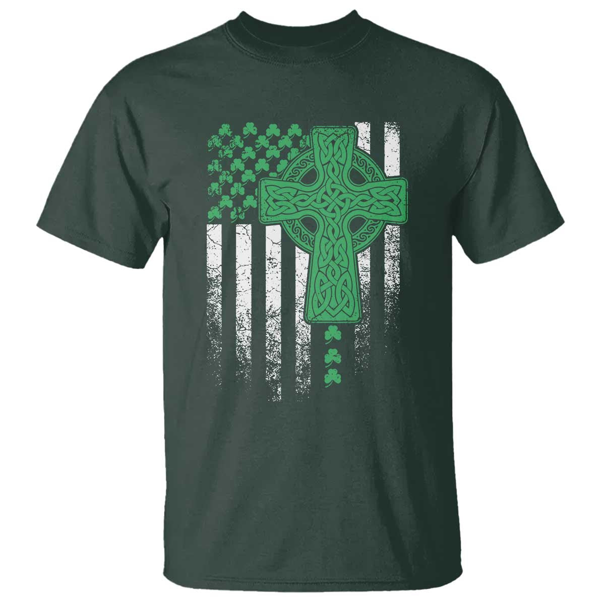 St Patricks Day American Flag T Shirt Celtic Cross Shamrocks TS10 Dark Forest Green Print Your Wear