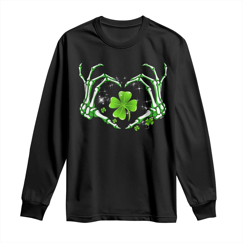 Skeleton Hand Heart Shamrock St Patricks Day Long Sleeve Shirt TS10 Black Print Your Wear