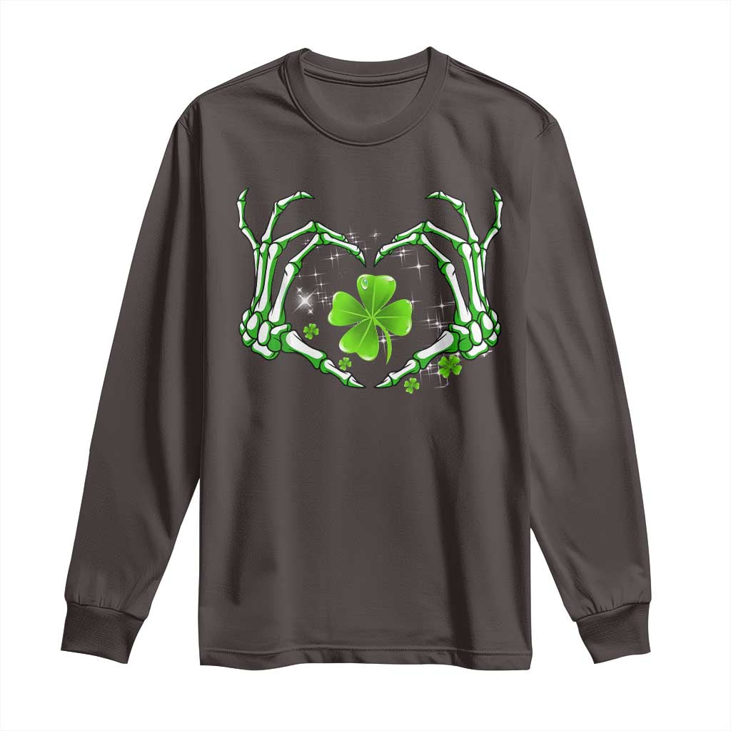 Skeleton Hand Heart Shamrock St Patricks Day Long Sleeve Shirt TS10 Dark Chocolate Print Your Wear