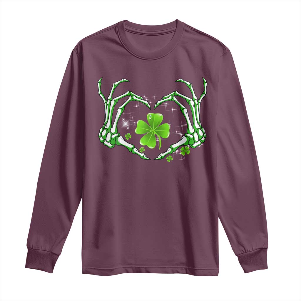 Skeleton Hand Heart Shamrock St Patricks Day Long Sleeve Shirt TS10 Maroon Print Your Wear