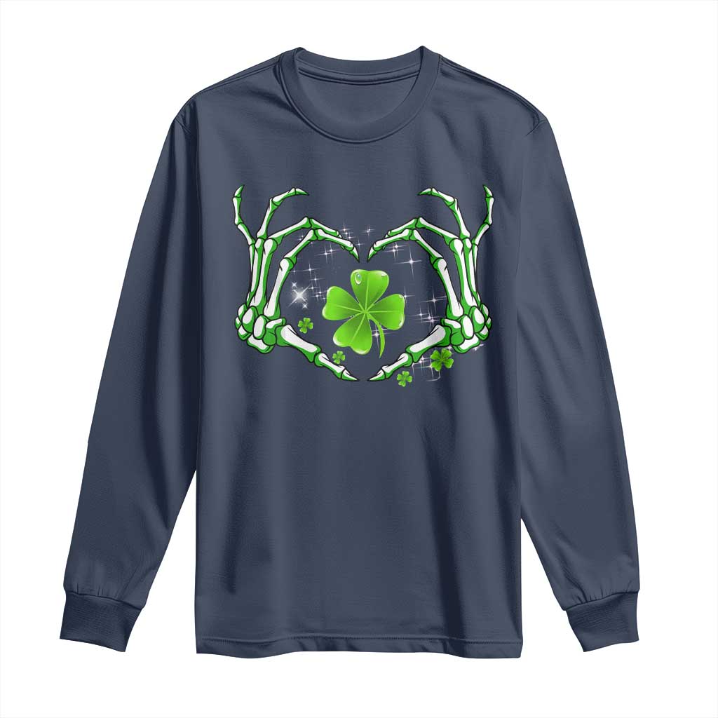 Skeleton Hand Heart Shamrock St Patricks Day Long Sleeve Shirt TS10 Navy Print Your Wear