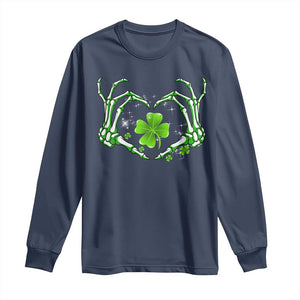 Skeleton Hand Heart Shamrock St Patricks Day Long Sleeve Shirt TS10 Navy Print Your Wear