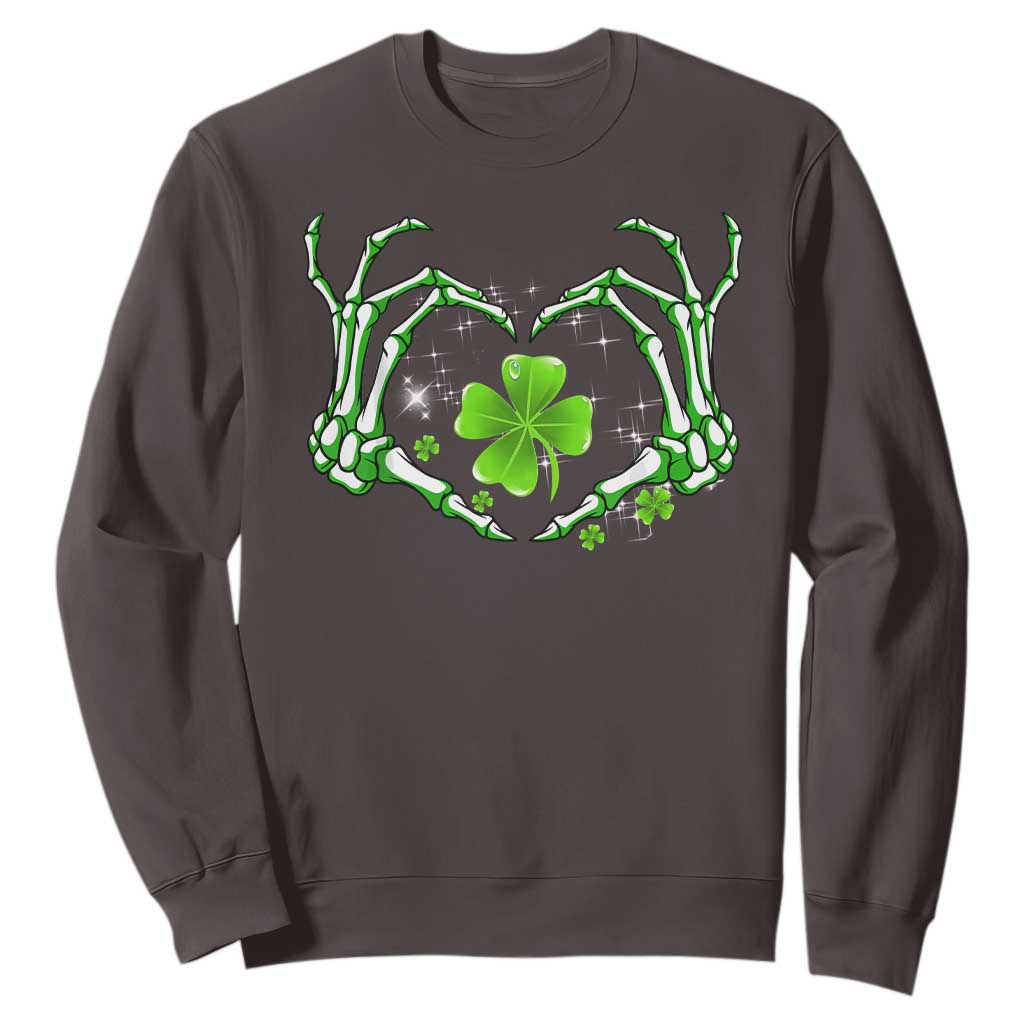 Skeleton Hand Heart Shamrock St Patricks Day Sweatshirt TS10 Dark Chocolate Print Your Wear