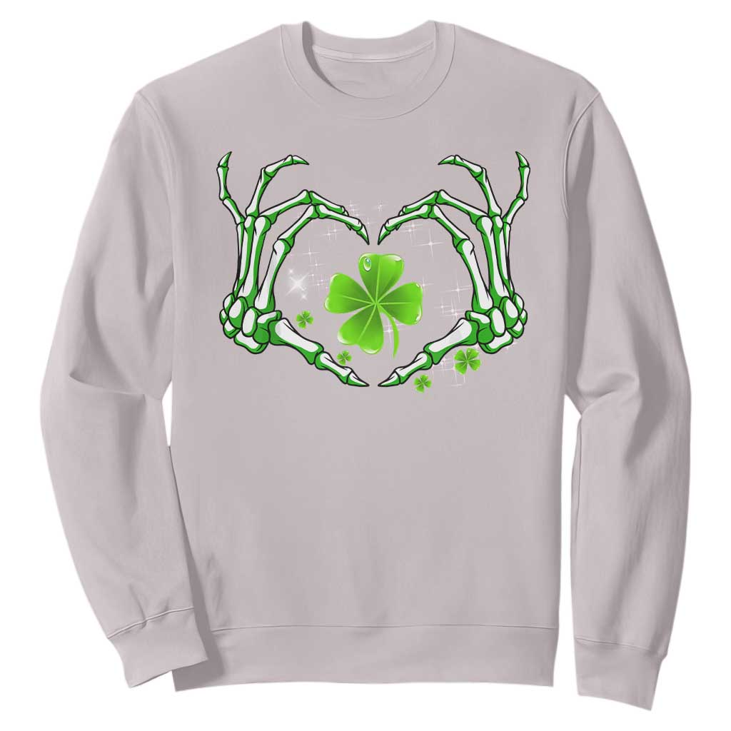 Skeleton Hand Heart Shamrock St Patricks Day Sweatshirt TS10 Ice Gray Print Your Wear
