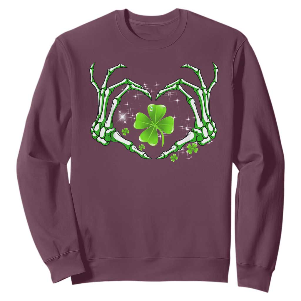 Skeleton Hand Heart Shamrock St Patricks Day Sweatshirt TS10 Maroon Print Your Wear