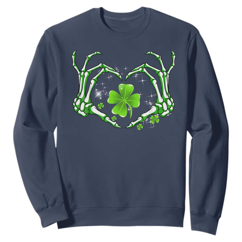 Skeleton Hand Heart Shamrock St Patricks Day Sweatshirt TS10 Navy Print Your Wear