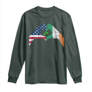 America Ireland Flag Long Sleeve Shirt Lucky Shamrock Vintage American Irish Roots TS10 Dark Forest Green Print Your Wear