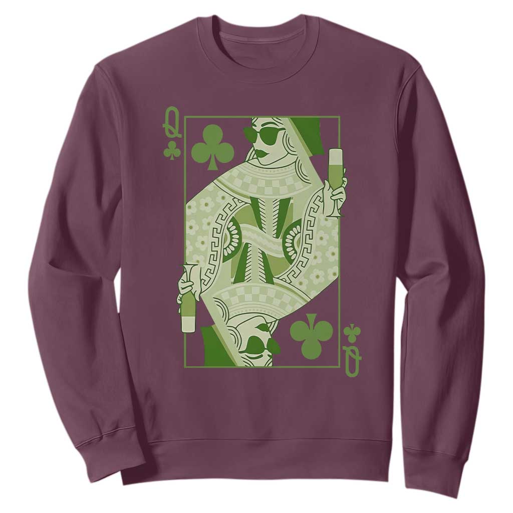 St. Patrick's Day Pub Sweatshirt Queen of Clubs Fun Green Pub TS10 Maroon Print Your Wear