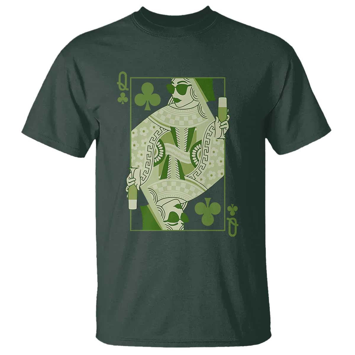 St. Patrick's Day Pub T Shirt Queen of Clubs Fun Green Pub TS10 Dark Forest Green Print Your Wear