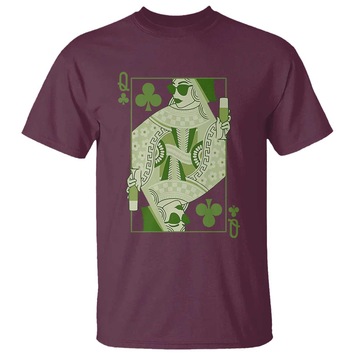 St. Patrick's Day Pub T Shirt Queen of Clubs Fun Green Pub TS10 Maroon Print Your Wear