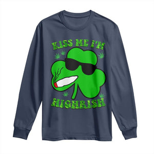 Funny St. Patrick's Day Marijuana Long Sleeve Shirt Kiss Me I'm Highrish 420 High Irish Weed TS10 Navy Print Your Wear