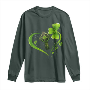 St Patricks Day Long Sleeve Shirt Lucky Clover Irish Shamrock Celtic Cross TS10 Dark Forest Green Print Your Wear