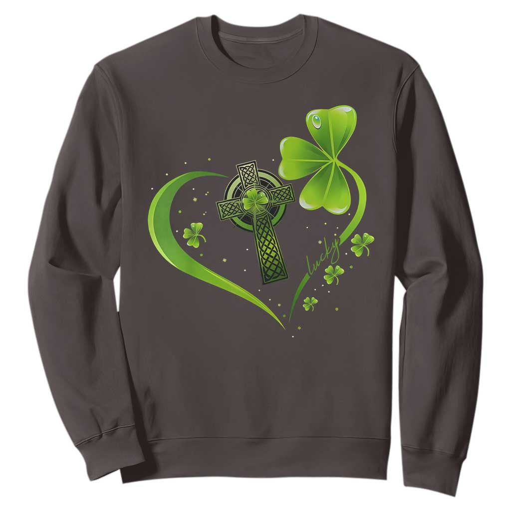 St Patricks Day Sweatshirt Lucky Clover Irish Shamrock Celtic Cross TS10 Dark Chocolate Print Your Wear