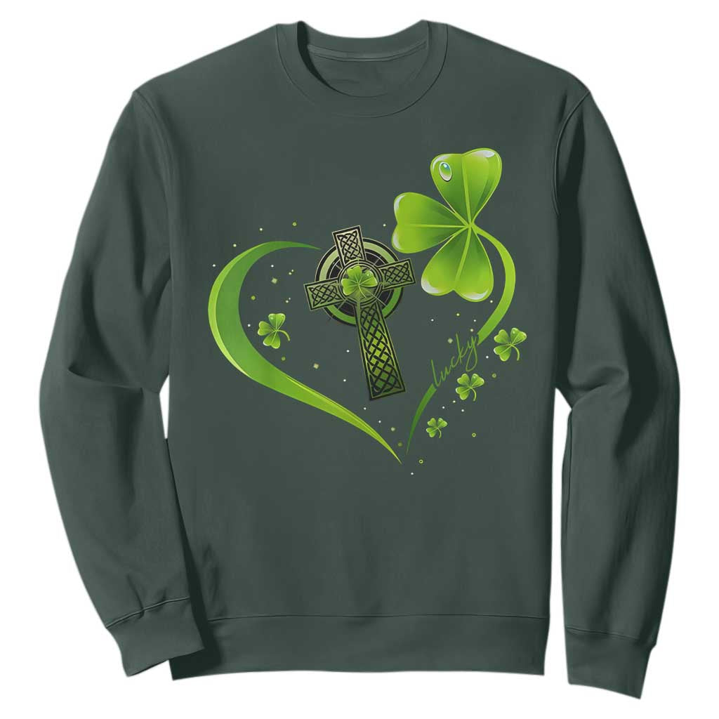 St Patricks Day Sweatshirt Lucky Clover Irish Shamrock Celtic Cross TS10 Dark Forest Green Print Your Wear