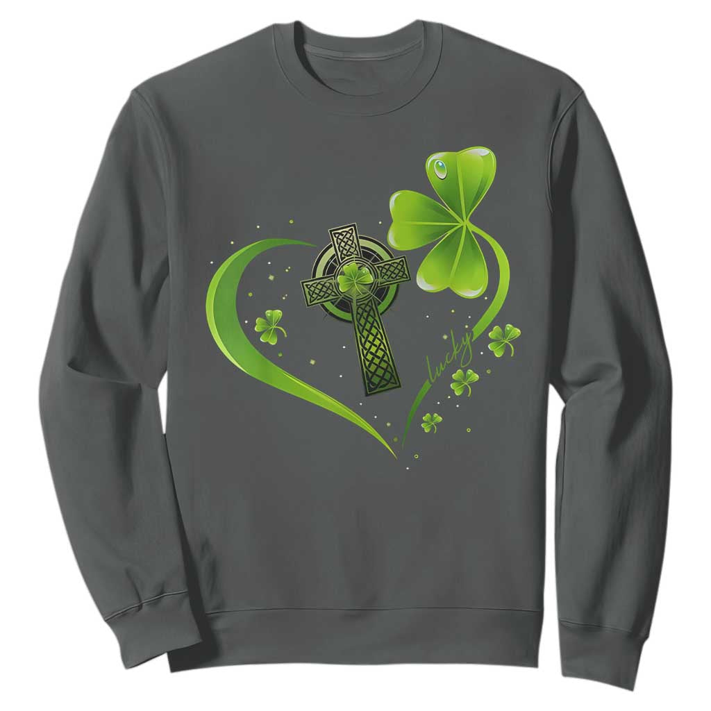 St Patricks Day Sweatshirt Lucky Clover Irish Shamrock Celtic Cross TS10 Dark Heather Print Your Wear