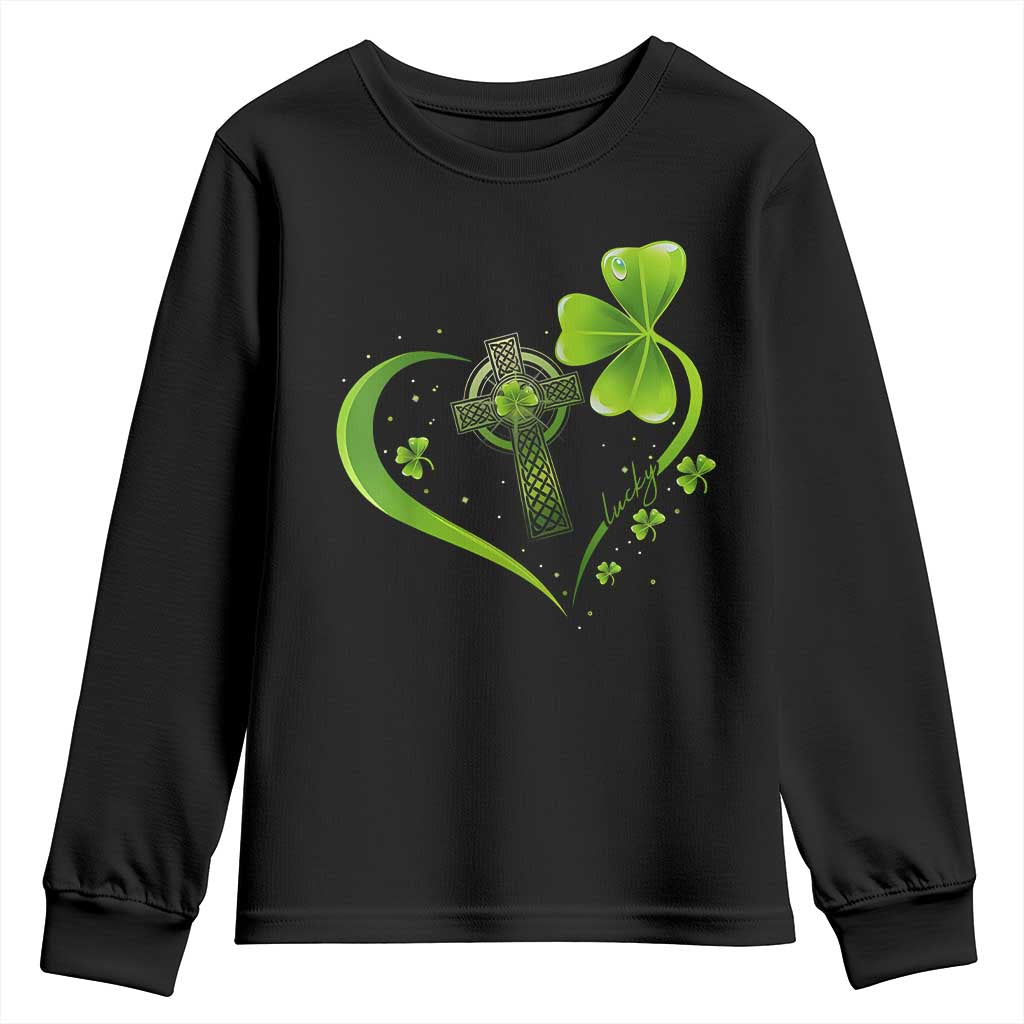 St Patricks Day Youth Sweatshirt Lucky Clover Irish Shamrock Celtic Cross TS10 Black Print Your Wear
