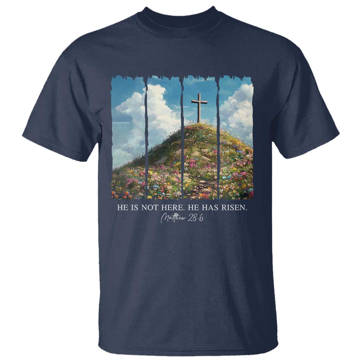 Christian Easter T Shirt He Is Not Here He Has Risen TS10 Navy Print Your Wear