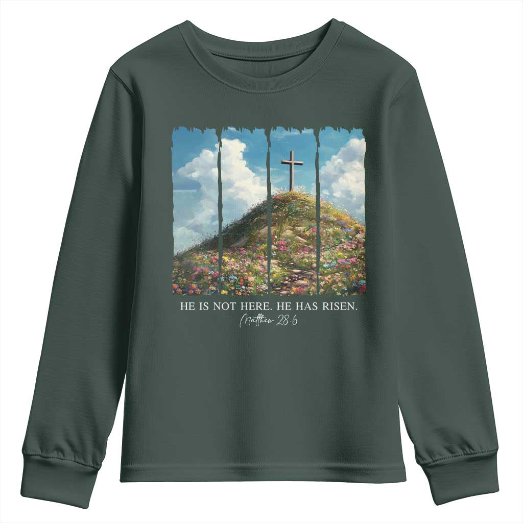 Christian Easter Youth Sweatshirt He Is Not Here He Has Risen TS10 Dark Forest Green Print Your Wear