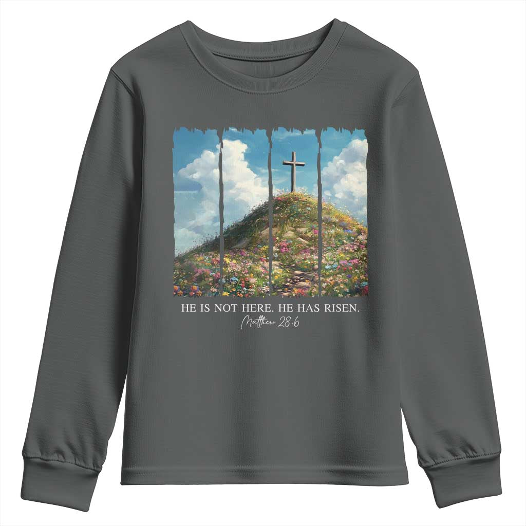 Christian Easter Youth Sweatshirt He Is Not Here He Has Risen TS10 Dark Heather Print Your Wear