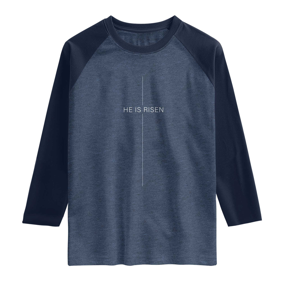Easter Cross He Is Risen Raglan Shirt Cross Subtle Christian Minimal Religious Faith Jesus TS10 Heather Denim Navy Print Your Wear