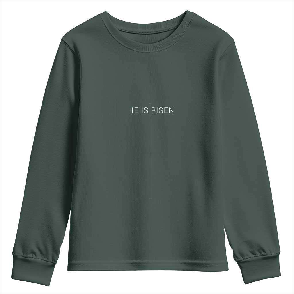 Easter Cross He Is Risen Youth Sweatshirt Cross Subtle Christian Minimal Religious Faith Jesus TS10 Dark Forest Green Print Your Wear