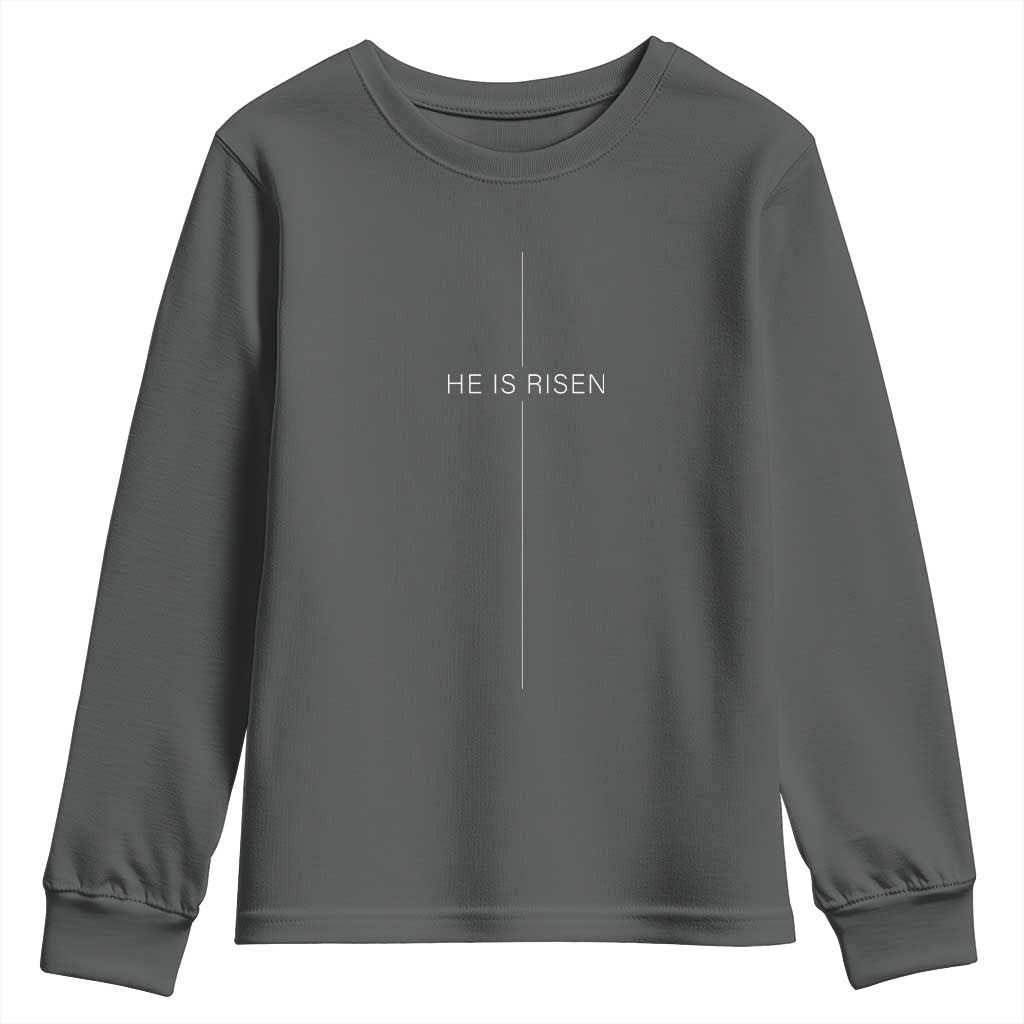 Easter Cross He Is Risen Youth Sweatshirt Cross Subtle Christian Minimal Religious Faith Jesus TS10 Dark Heather Print Your Wear