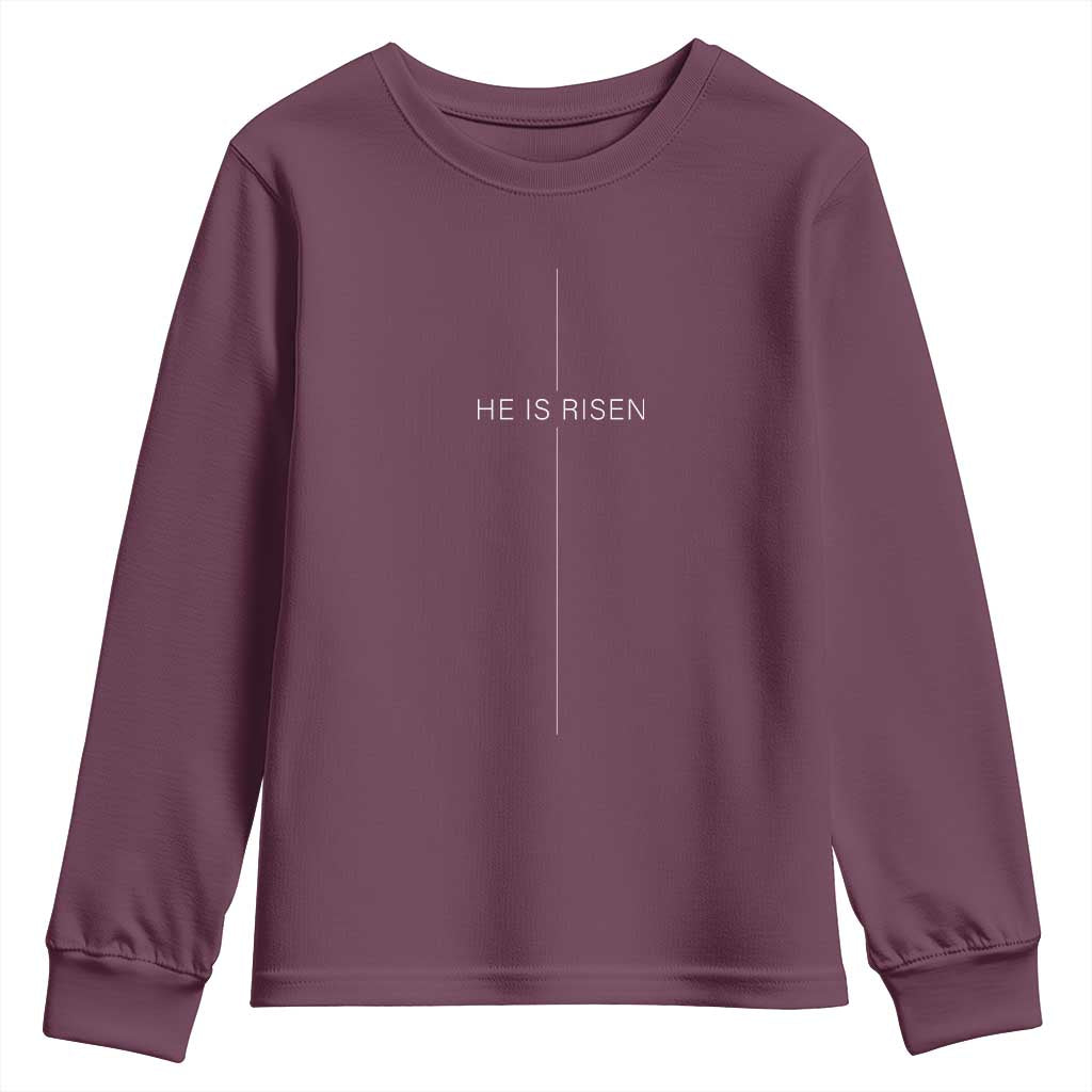 Easter Cross He Is Risen Youth Sweatshirt Cross Subtle Christian Minimal Religious Faith Jesus TS10 Maroon Print Your Wear