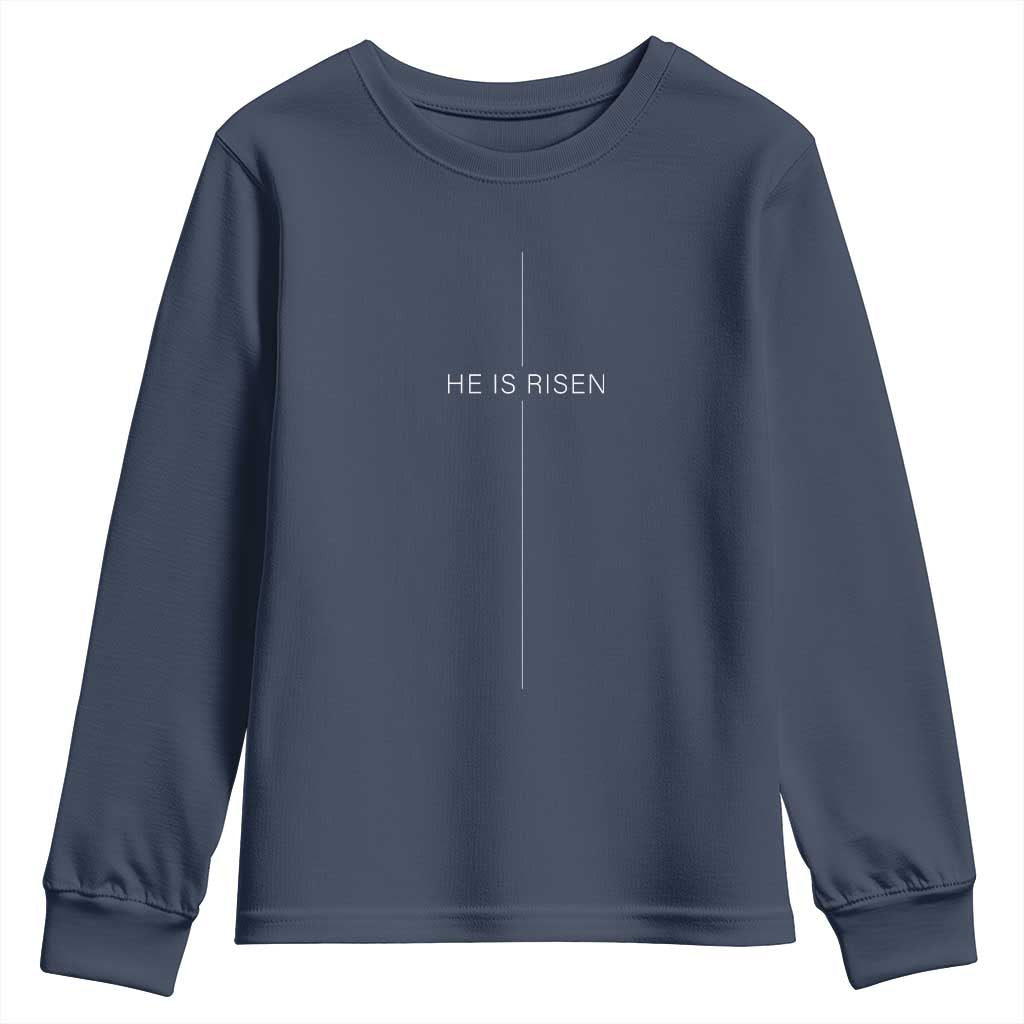 Easter Cross He Is Risen Youth Sweatshirt Cross Subtle Christian Minimal Religious Faith Jesus TS10 Navy Print Your Wear