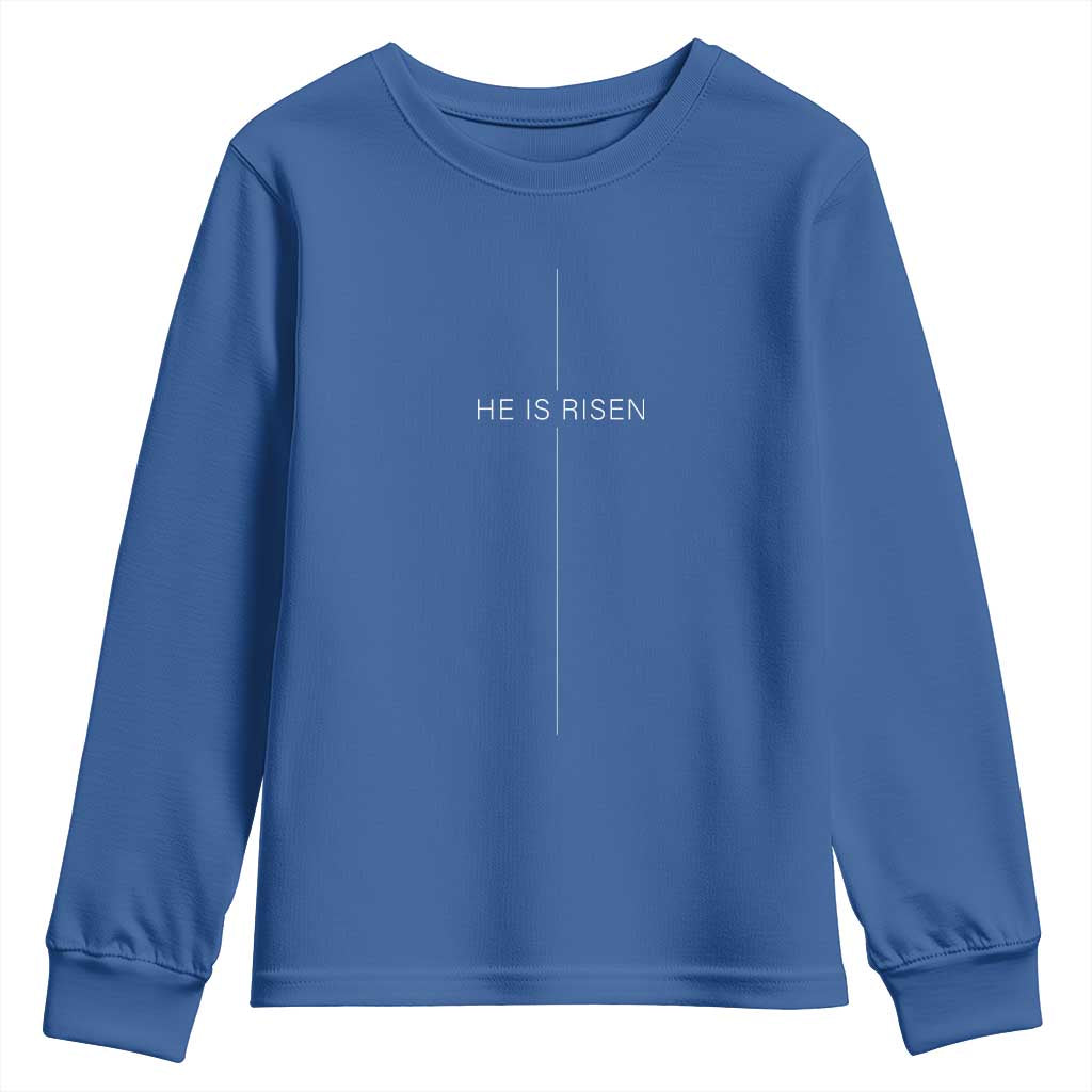 Easter Cross He Is Risen Youth Sweatshirt Cross Subtle Christian Minimal Religious Faith Jesus TS10 Royal Blue Print Your Wear