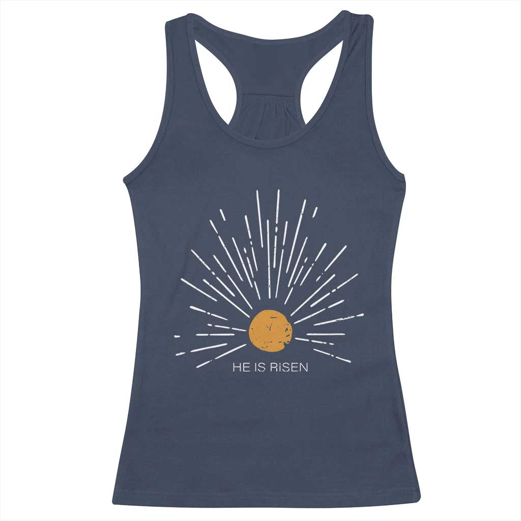 He Is Risen Racerback Tank Top Sunburst Vintage Jesus Religious Easter Day Christians TS10 Navy Print Your Wear