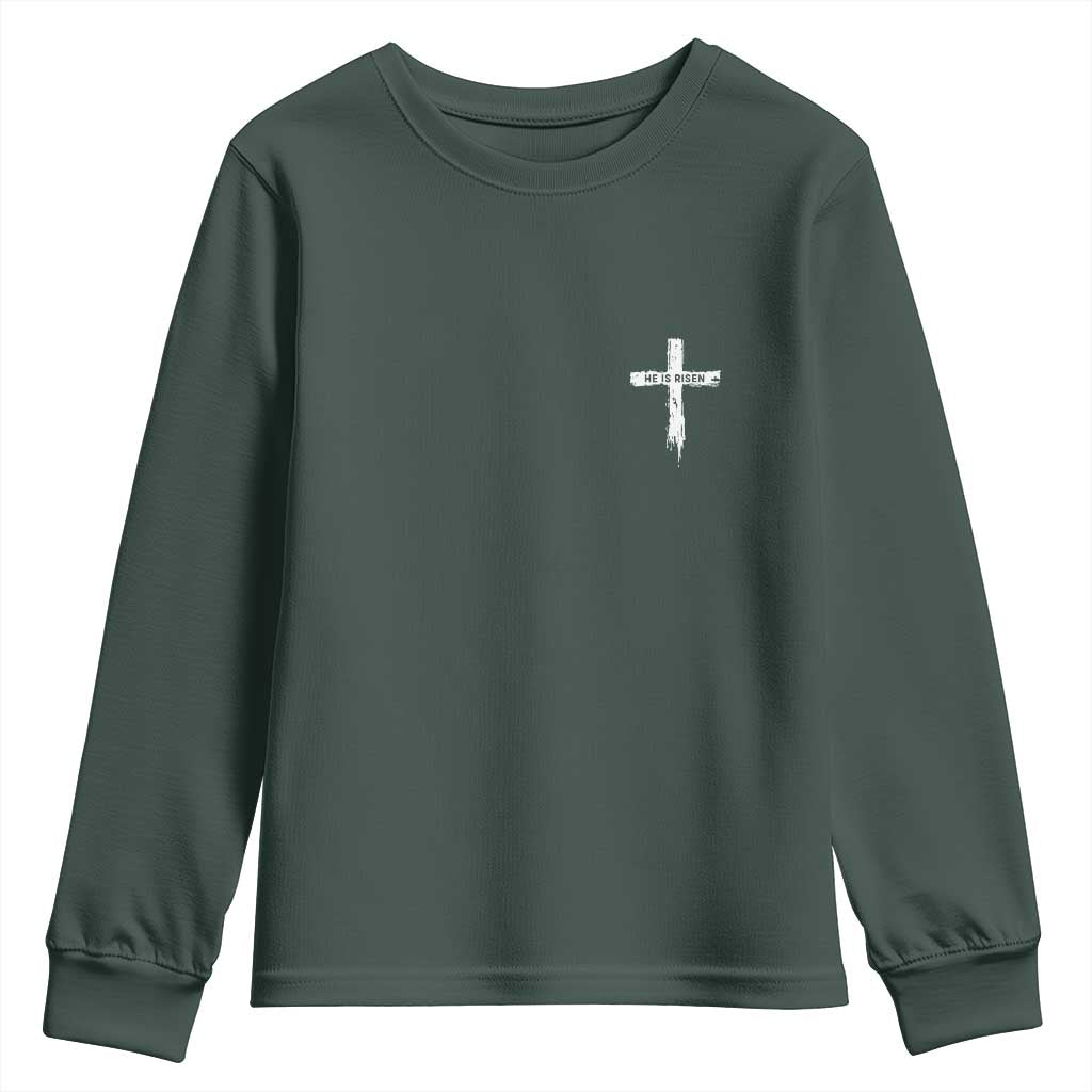 Easter Christian Cross Religious He Is Risen Youth Sweatshirt TS10 Dark Forest Green Print Your Wear