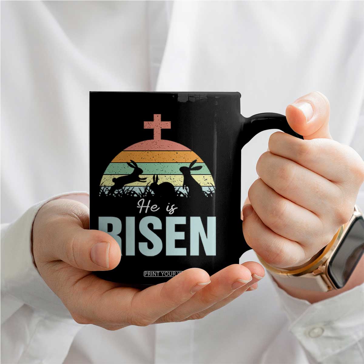 Retro He is Risen Coffee Mug Bunny Easter Cross Christian Religious Jesus Has Risen TS10 Print Your Wear