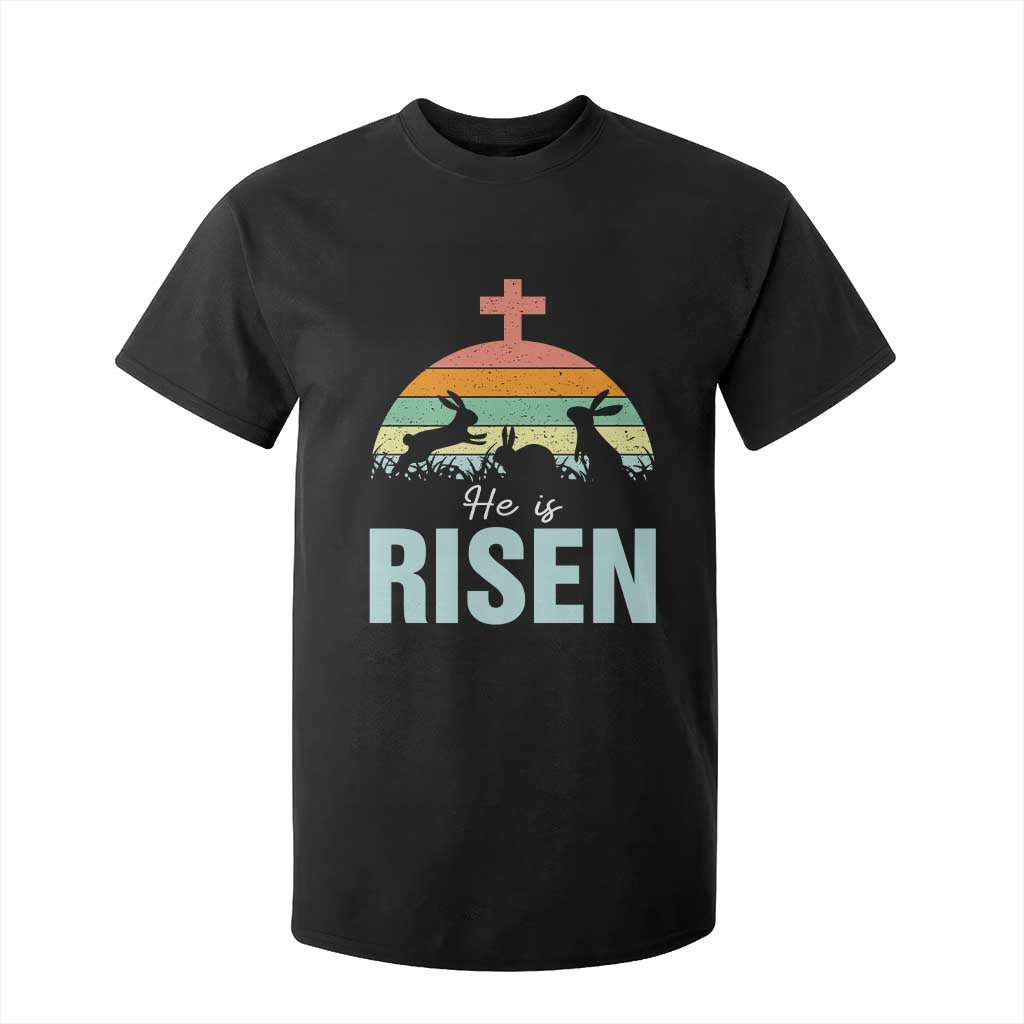 Retro He is Risen T Shirt For Kid Bunny Easter Cross Christian Religious Jesus Has Risen TS10 Black Print Your Wear