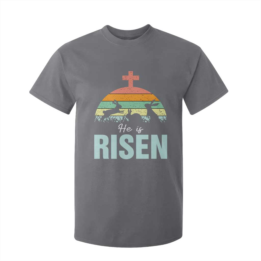Retro He is Risen T Shirt For Kid Bunny Easter Cross Christian Religious Jesus Has Risen TS10 Charcoal Print Your Wear