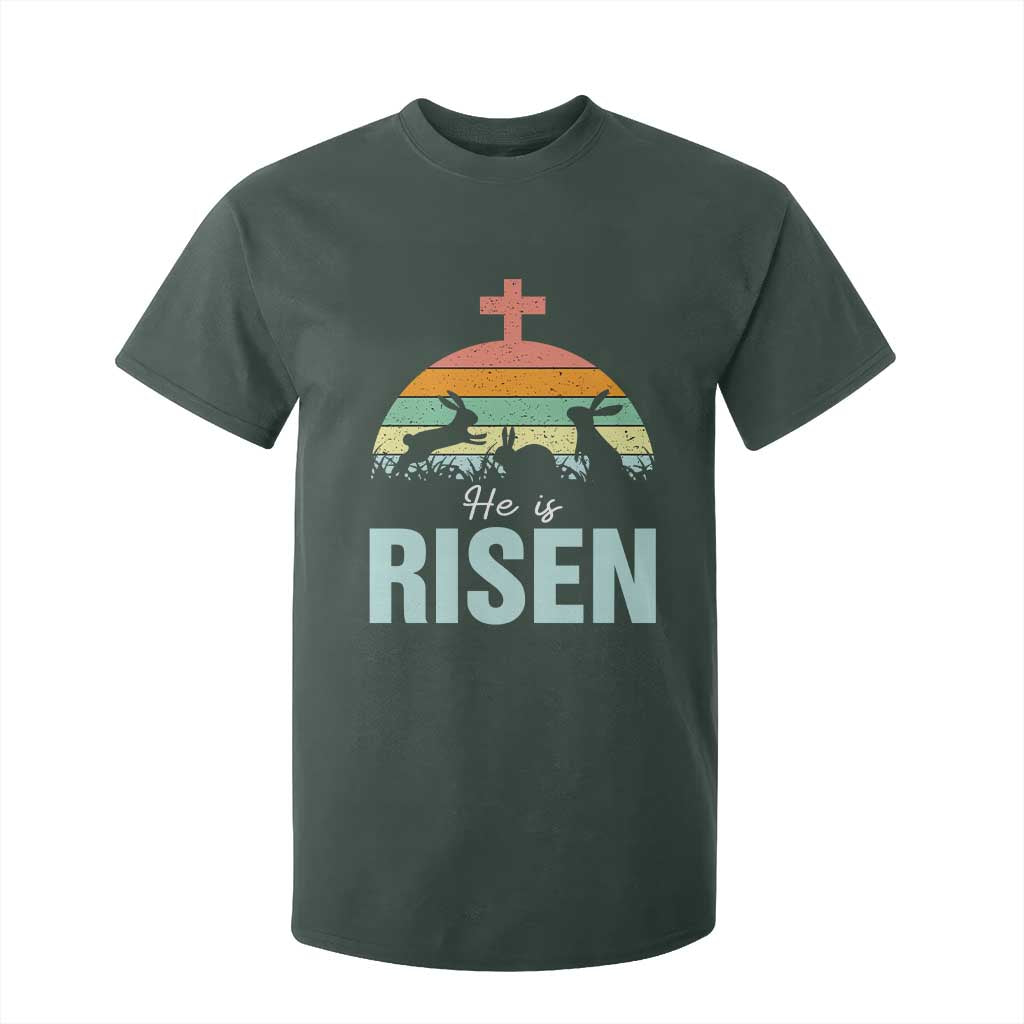 Retro He is Risen T Shirt For Kid Bunny Easter Cross Christian Religious Jesus Has Risen TS10 Dark Forest Green Print Your Wear