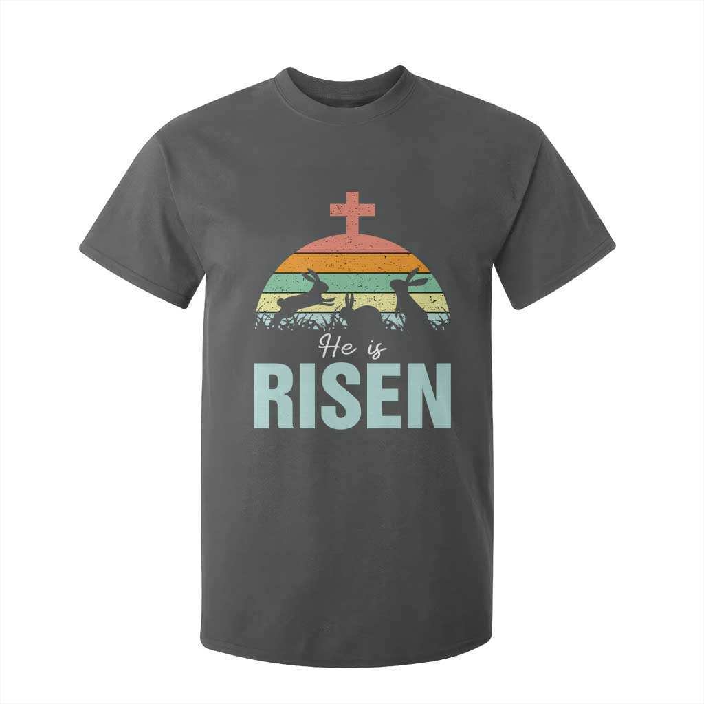 Retro He is Risen T Shirt For Kid Bunny Easter Cross Christian Religious Jesus Has Risen TS10 Dark Heather Print Your Wear