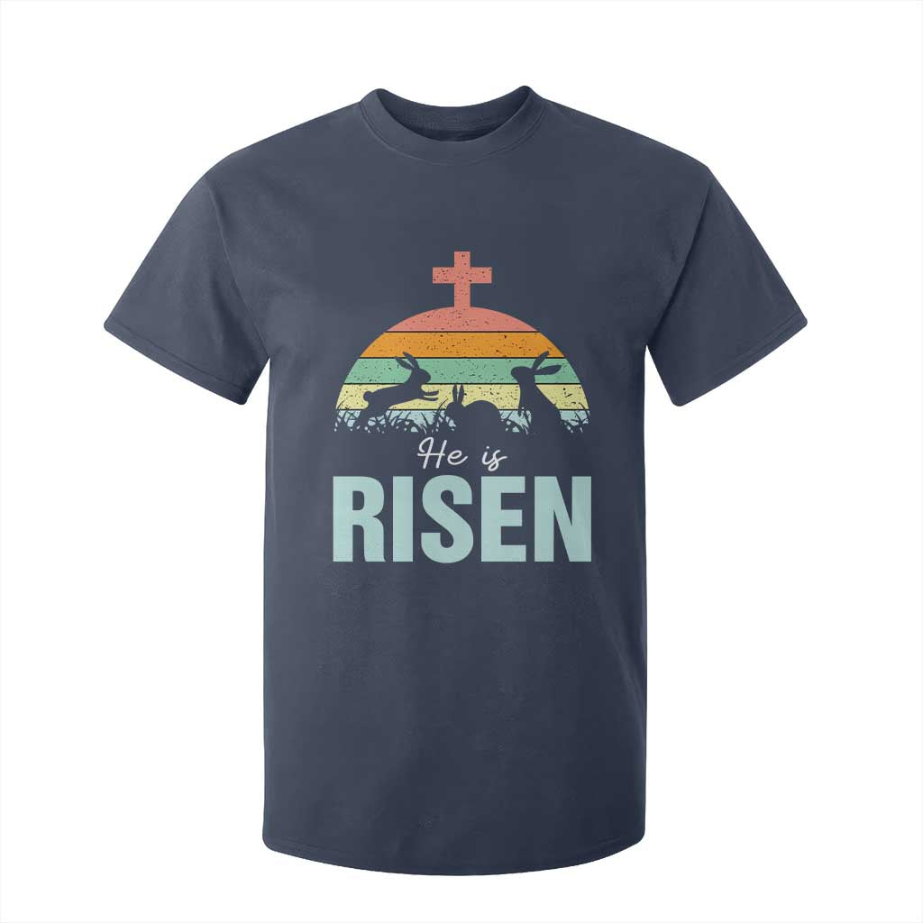 Retro He is Risen T Shirt For Kid Bunny Easter Cross Christian Religious Jesus Has Risen TS10 Navy Print Your Wear