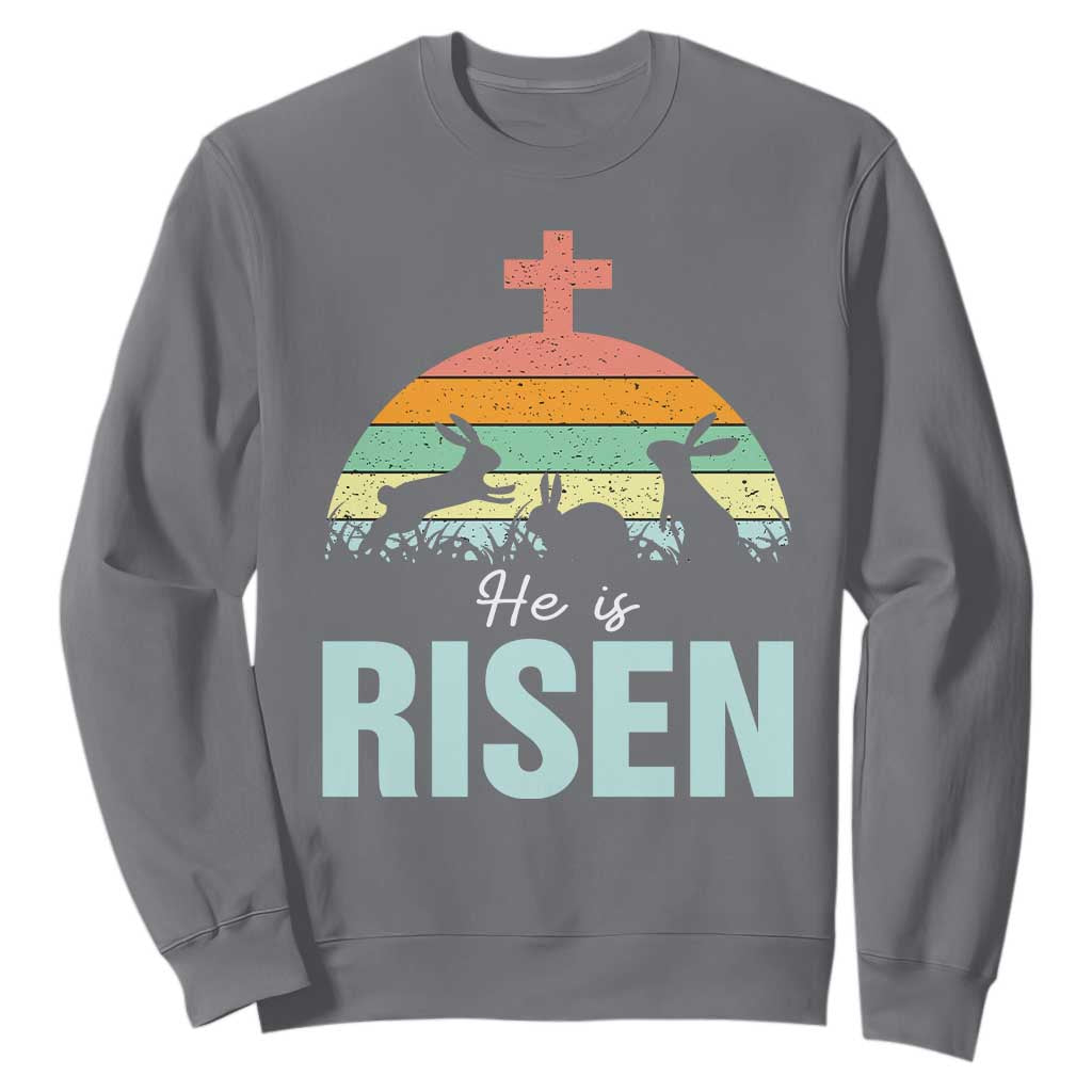 Retro He is Risen Sweatshirt Bunny Easter Cross Christian Religious Jesus Has Risen TS10 Charcoal Print Your Wear