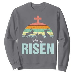 Retro He is Risen Sweatshirt Bunny Easter Cross Christian Religious Jesus Has Risen TS10 Charcoal Print Your Wear