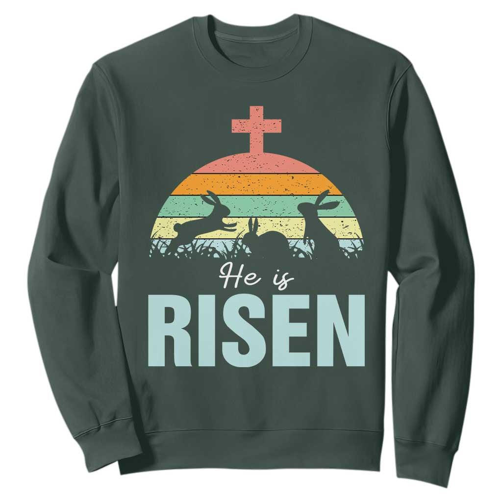 Retro He is Risen Sweatshirt Bunny Easter Cross Christian Religious Jesus Has Risen TS10 Dark Forest Green Print Your Wear