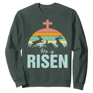 Retro He is Risen Sweatshirt Bunny Easter Cross Christian Religious Jesus Has Risen TS10 Dark Forest Green Print Your Wear