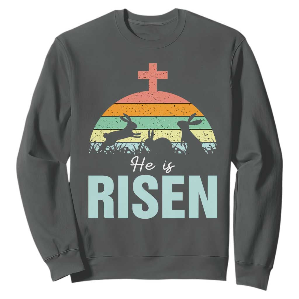 Retro He is Risen Sweatshirt Bunny Easter Cross Christian Religious Jesus Has Risen TS10 Dark Heather Print Your Wear