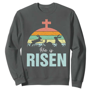 Retro He is Risen Sweatshirt Bunny Easter Cross Christian Religious Jesus Has Risen TS10 Dark Heather Print Your Wear