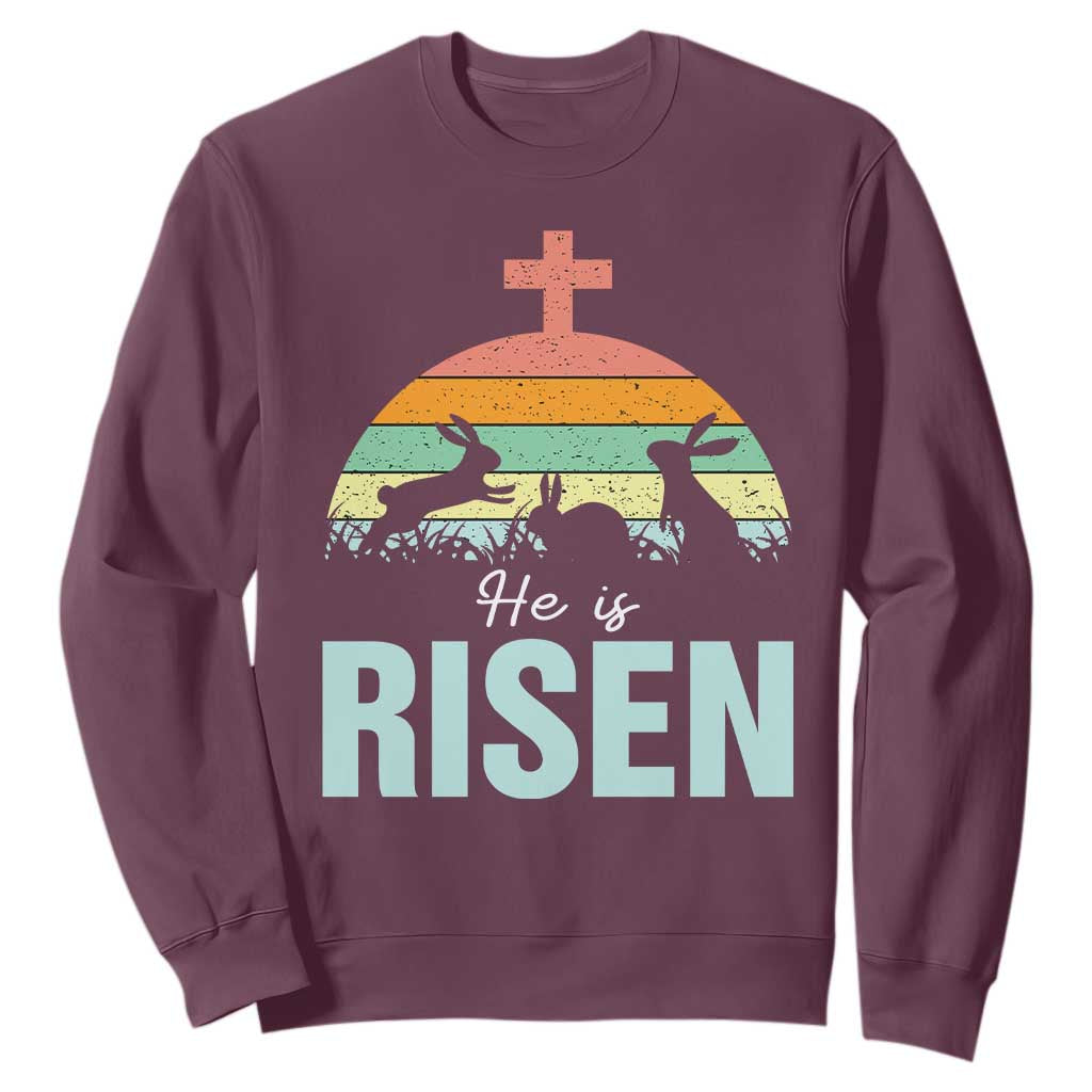 Retro He is Risen Sweatshirt Bunny Easter Cross Christian Religious Jesus Has Risen TS10 Maroon Print Your Wear