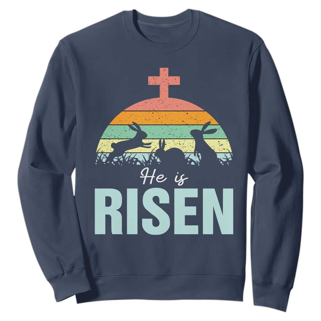 Retro He is Risen Sweatshirt Bunny Easter Cross Christian Religious Jesus Has Risen TS10 Navy Print Your Wear